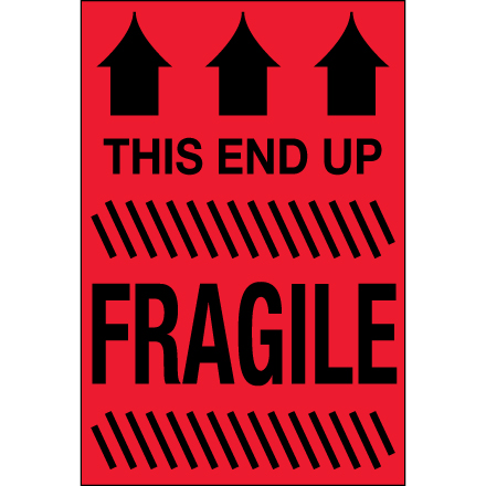 2 x 3" - "This End Up - Fragile" (Fluorescent Red) Labels